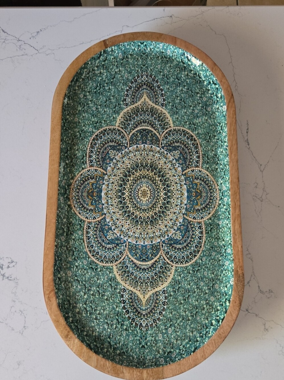 Decorative Teal Mandala Enameled Wood Serving Tray. 20x10.5x2 In. India